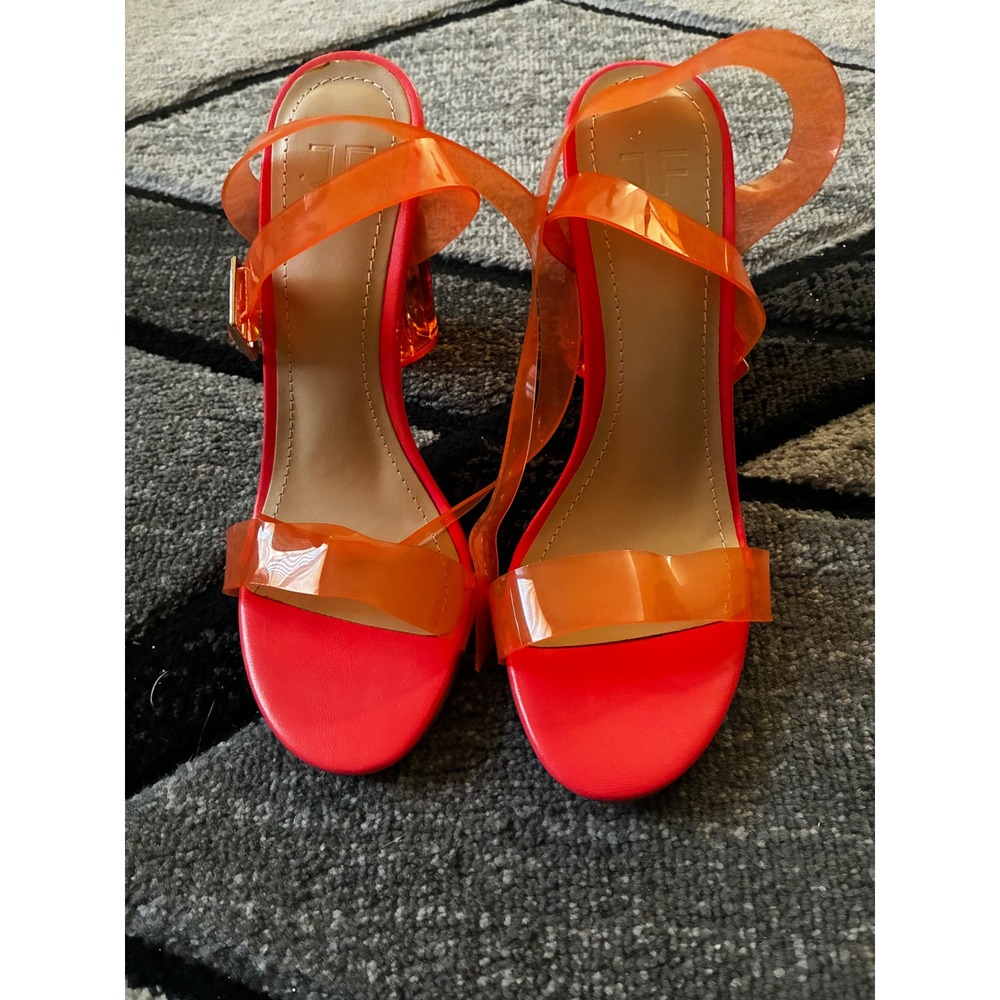Jessica Ferrar Hanna Neon Orange Red Clear Strap Block Heel Sandals Womens 6